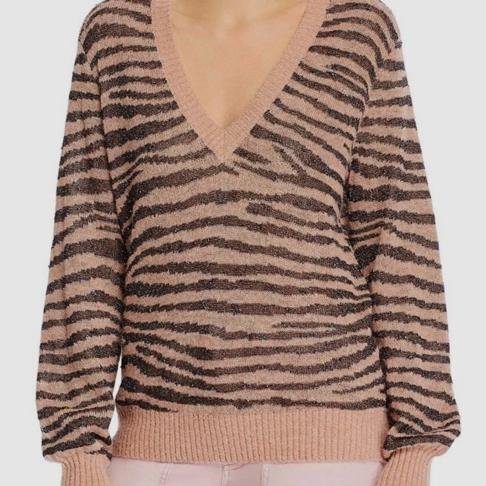 Joie Zebra Print V Neck Sweater Alpaca Metallic Blend Cozy Cute